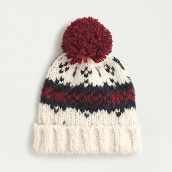 J. Crew Accessories - J. Crew Chunky Knit Fair Isle Pom Pom Beanie Hat Ochre Navy Cream